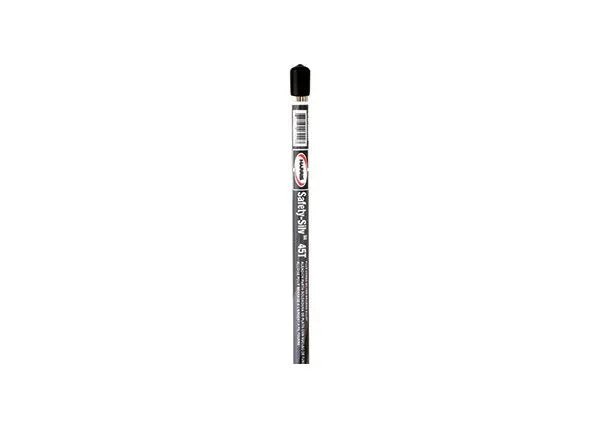 A single Harris 45TCW25004 Safety-Silv 45TCW Flux-Cored Silver Brazing Alloy rod (2.0 x 500 mm) stands vertically on a white background, with silver labeling along its body, resembling a sleek, high-quality metal finish.