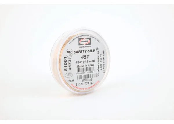 The Harris 45T31 Safety-Silv 45T Silver Brazing Alloy comes in a clear, round plastic 1 toz cup with 1/16 in (1.6 mm) cadmium-free wire. The front label notes NSF Standard 51, part numbers, and Made in USA.