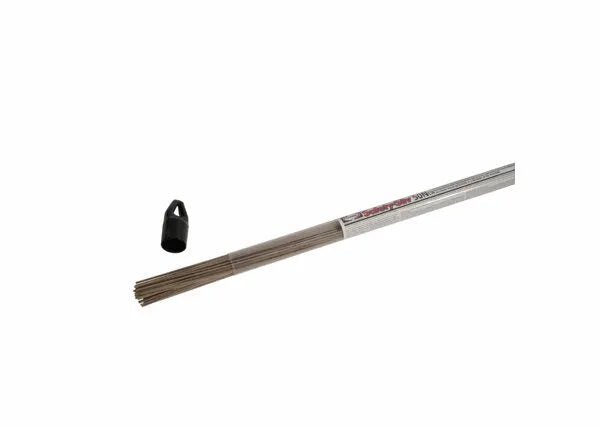 A bundle of Harris 50NCW07520L Safety-Silv 50NCW Flux-Cored Silver Brazing Alloy rods (0.075 in, 15 toz tube), partially wrapped in clear plastic, lies on a white background with a small black cap nearby.