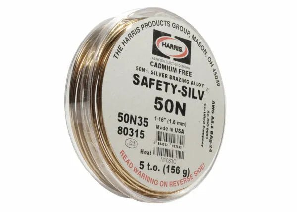 A spool of Harris 50N35 Safety-Silv 50N silver brazing alloy, 1/16 in (1.6 mm) diameter, 5 troy ounces, cadmium free, made in USA, supplied with certification.
