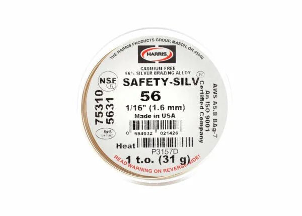 The Harris 5631 Safety-Silv 56 Silver Brazing Alloy, 1/16 in (1.6 mm), 1 troy ounce cup, is cadmium-free, made in the USA, and ideal for stainless steel brazing with product codes and certification details on its label.