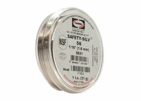 A spool of Harris 5631 Safety-Silv 56 silver brazing alloy, 1/16 in (1.6 mm), 1 troy oz cup, features 56% silver, cadmium-free filler metal, and is NSF certified. Clear plastic container reveals the coiled wire inside.