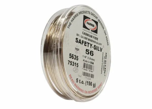 A clear spool of Harris 5635 Safety-Silv 56 silver brazing alloy (1/16 in, cadmium-free), weighing 5 troy ounces, is visible with coiled wire for stainless steel brazing; labeled with product numbers 5635 and 75315.