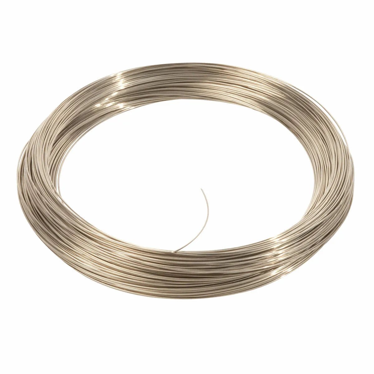 A neatly coiled loop of Harris 56250 Safety-Silv 56 Silver Brazing Alloy, 3/64 in (1.2 mm), is shown against a white background, featuring a smooth, shiny silvery surface with one loose end slightly sticking out.