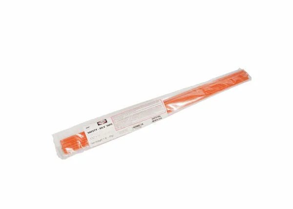 A long, orange plastic ski tip is sealed in clear packaging with a white label and barcodes, much like the Harris 56F318L Safety-Silv 56FC Flux-Coated Silver Brazing Alloy, both designed to prioritize safety and reliability.