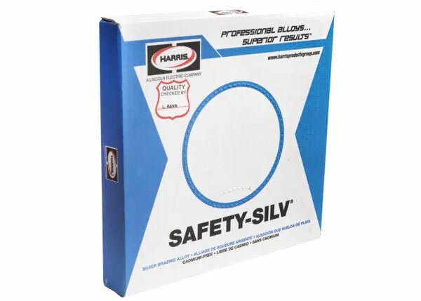 A white box labeled Harris 56325 - Safety-Silv 56 Silver Brazing Alloy - 1/16 in (1.6 mm) - 25 toz Coil/Box, features blue and black text, a large blue center circle, and the Harris ALLOYS ELECTRIC COMPANY logo. Cadmium-free filler metal.