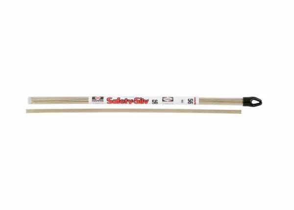 The Harris 56618L Safety-Silv 56 Silver Brazing Alloy, 1/8 in (3.2 mm), 15 toz tube, is shown as thin metal rods with a white label and black plastic cap, against a plain white background.