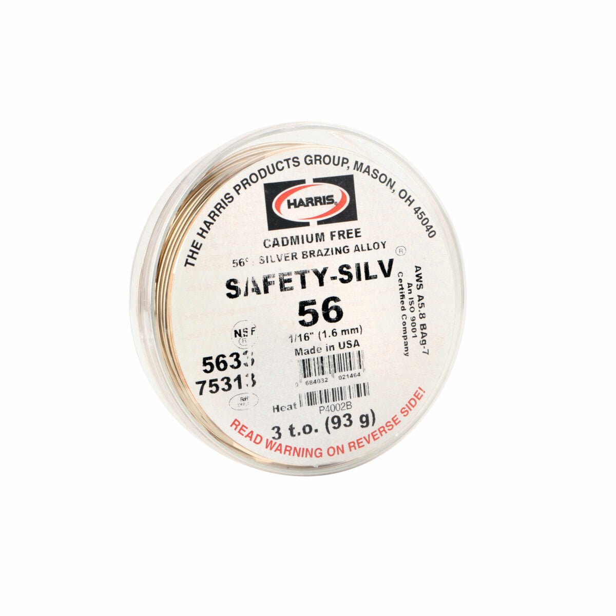A spool of Harris Safety-Silv 56 Silver Brazing Alloy, 1/16 in (1.6 mm) thick, 3 troy oz (model 5633), cadmium-free filler metal made in the USA. Comes in a mostly white package with red and black text.