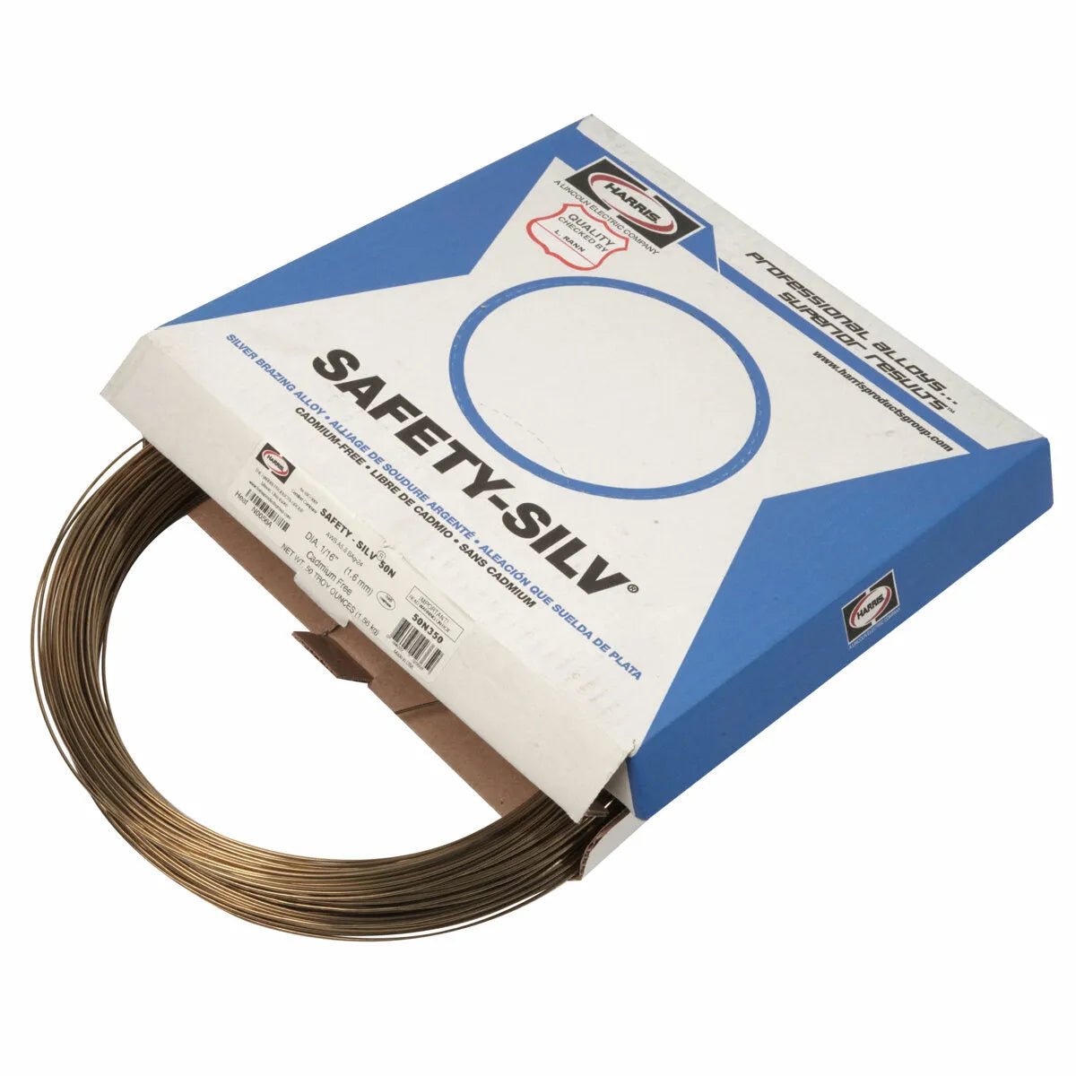 A coiled Harris 50N350 Safety-Silv® 50N high silver brazing alloy, 1/16 in., is partially pulled from a blue and white box featuring a circular cutout and bold logos—ideal for brazing stainless steel.