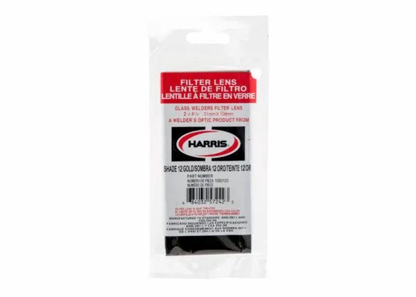 Harris Shade 12 Glass Gold Mirror Welding Lens 2x4-1/4, labeled red/black/white, clear bag, eye protection accessory.