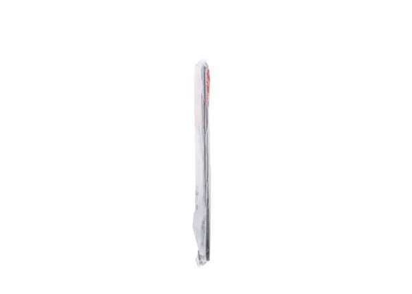 Side view of a silver knife on white, surface reflecting light like a Harris Shade 9 welding helmet lens, UV/IR filter plate.
