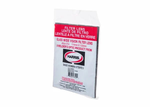Harris Shade 9 Glass Welding Helmet Filter Plate with UV/IR protection, trilingual packaging, and Harris logo—WeldingMart accessory.