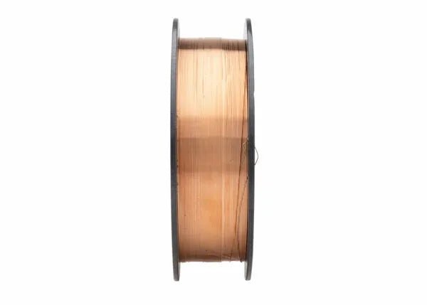 A side view of the Harris Silicon Bronze .030 30 SPOOL MIG GMAW Welding Wire (00SIBE8), featuring a tightly wound, copper-colored spool with flat black ends and smooth, shiny wire against a plain white background.
