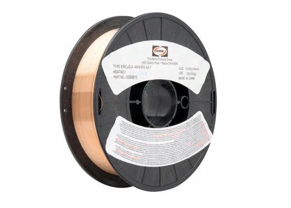 A spool of Harris Silicon Bronze .030 30 SPOOL MIG GMAW Welding Wire (00SIBE8) for braze-welding is shown on a black plastic reel, isolated against a white background.