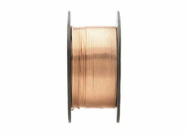 The Harris Silicon Bronze .035 2lbs Spool MIG GMAW Welding Wire (00SIBF2) is displayed upright, with neatly wound wire on a black plastic reel with side flanges, photographed from the side to show its circular shape against a white background.