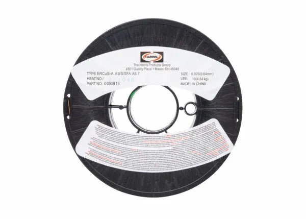 A black spool of Harris Silicon Bronze MIG Welding Wire, 0.030 in (0.76 mm), 10 lb (00SIBE5), with tech specs and safety notes on the label, is shown from above against a white background.