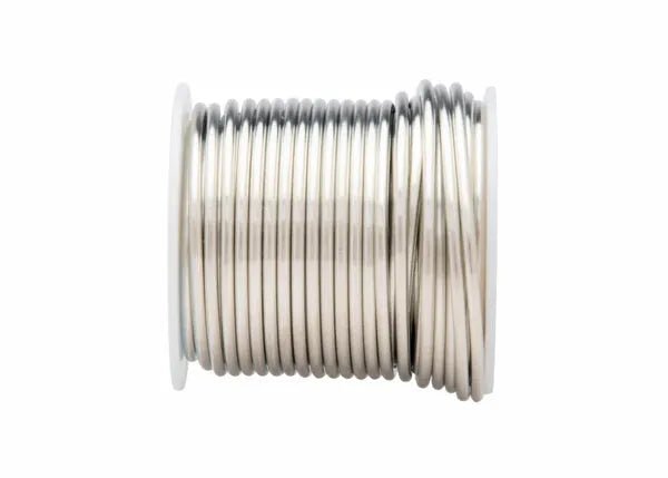 A close-up of Harris SB831 Stay Brite 8 Lead-Free Solid Wire Solder (1/16 in, 4 lb box) neatly wound on a spool against a white background, its smooth, tightly coiled wire perfect for plumbing applications.