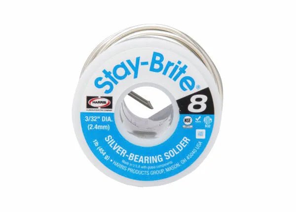 A 4 lb box of Harris SB851 Stay Brite 8 lead-free solid wire solder, 3/32 in (2.4 mm) diameter. Ideal for HVAC tube connections, the wire is visible through the center with NSF and lead-free symbols on a white-blue label.