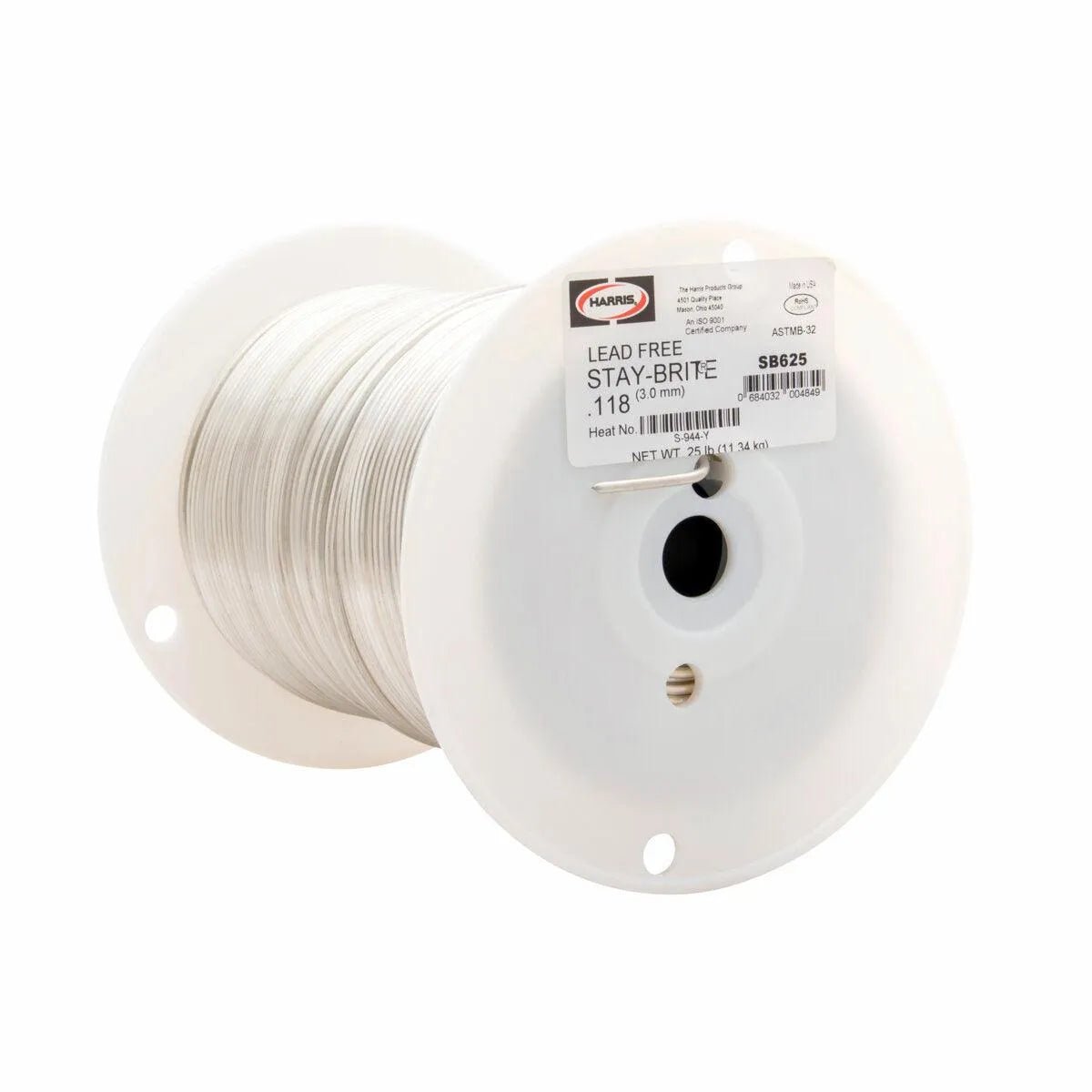 A large white plastic spool holds tightly coiled, thin silver Harris Stay Brite Lead-Free Solid Wire Solder (0.118 in, 25 lb, SB625) with a detailed label and barcodes, set against a plain white background.