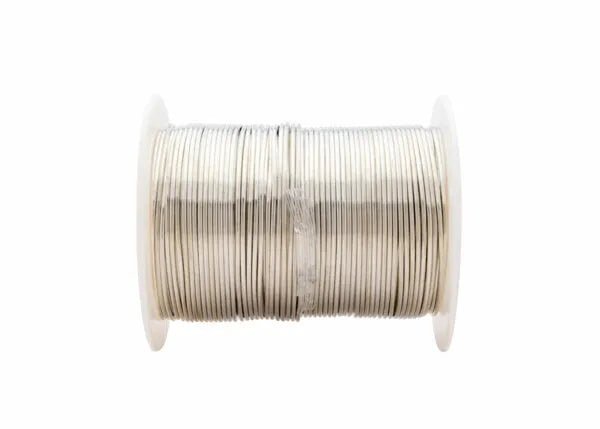 A 25 lb spool of Harris Stay Brite Lead-Free Solid Wire Solder (0.118 in/3.0 mm, SB625) is tightly wound around a white plastic reel, showcasing its smooth, shiny metallic finish against a clean white background.