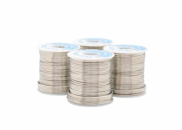 Four spools of Harris SB31 Stay Brite Lead-Free Solid Wire Solder, 1/16 in (1.6 mm), are displayed on a white background. Each spool has a light blue label and tightly wound, shiny lead-free solder. Comes in a 4 lb box.