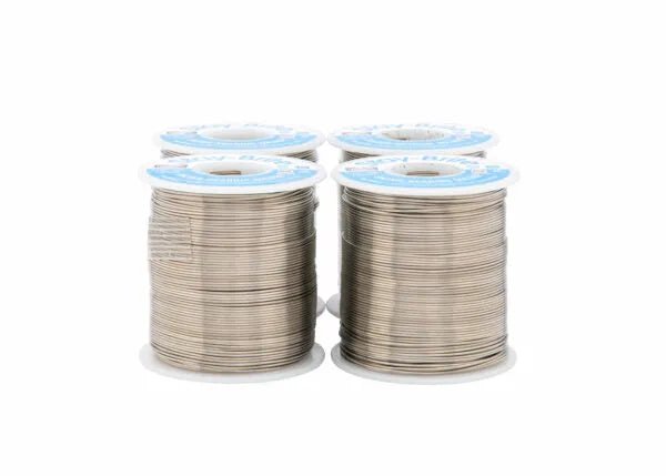 Four spools of Harris SB11 Stay Brite Lead-Free Solid Wire Solder (1/32 in, 4 lb box) are arranged in a square on a white background, each with white and blue labels and wire tightly wound around each spool.