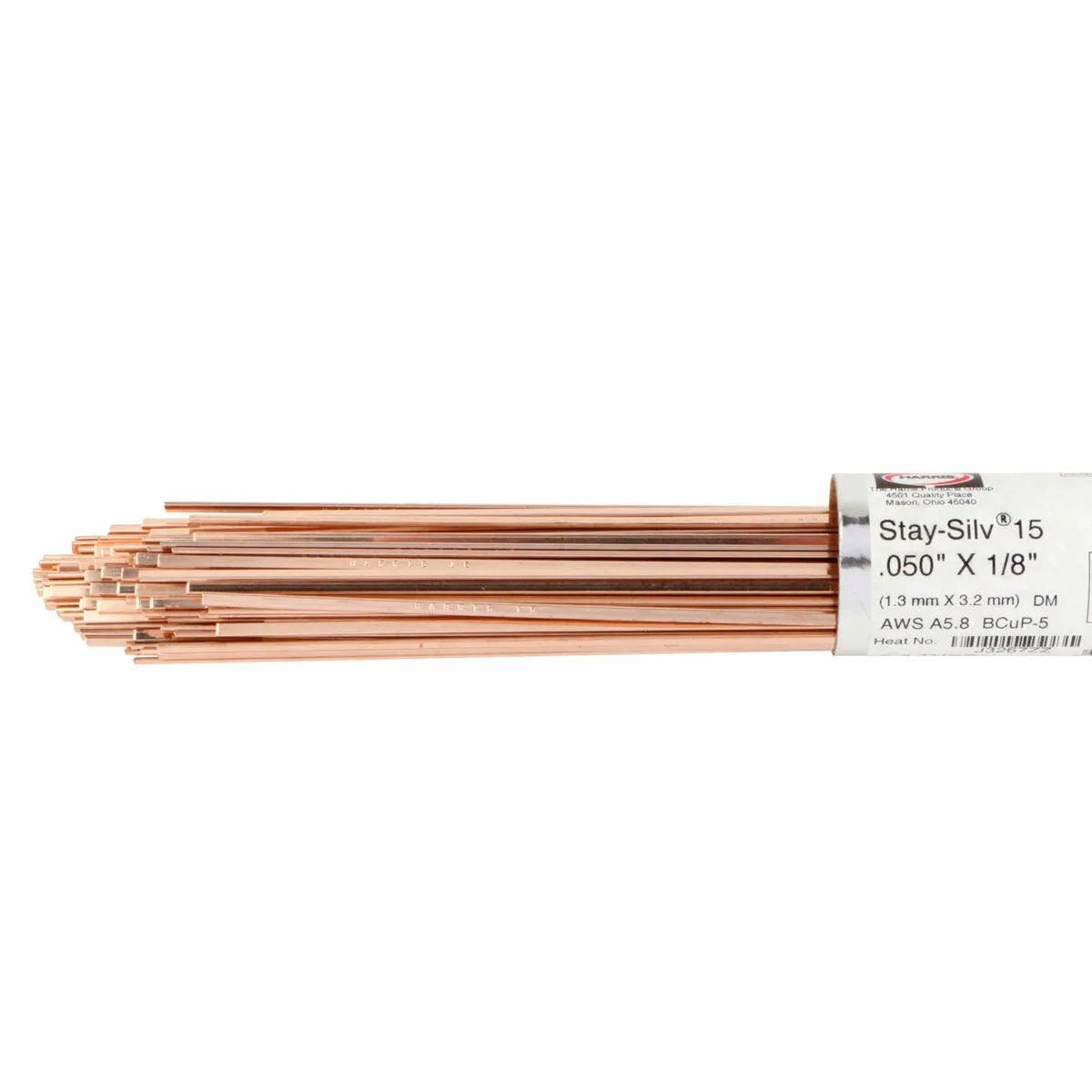 A bundle of thin, copper-colored rods with pointed ends is labeled Stay-Silv 15. Harris Stay-Silv 15 Phos-Copper Brazing Alloy (0.050 x 1/8 in, 5 lb tube, 15620F5) is ideal for HVAC and refrigeration brazing applications.
