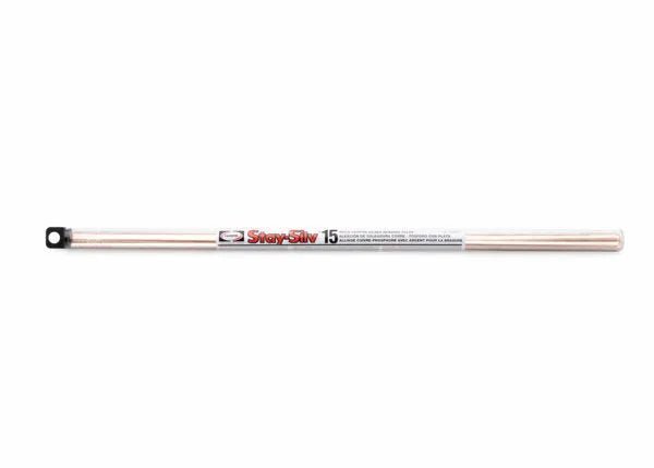 A package of Stay-Silv 15 copper brazing alloy rods in a clear plastic tube with a label and a black hanging cap, ideal for air conditioning refrigeration brazing applications.