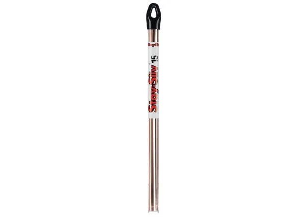 A neatly aligned package of four Harris Stay-Silv 15 Phos-Copper Brazing Alloy rods (1/8 x 36) in silver, capped with black plastic. Ideal for HVAC brazing, from 10 lb. tube model 15636S10.