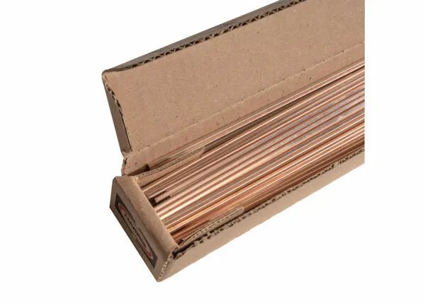 A partially open box reveals Harris Stay-Silv 15 Phos Copper Brazing Alloy rods (1/8 x 1/8 x 36 in., 10 lb. box - 15636S), perfect for HVAC or air conditioning brazing and filler metal applications.