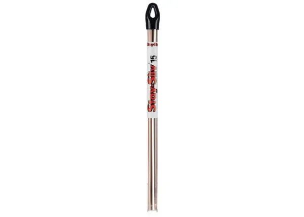 A single tube of Harris Stay-Silv 15 Phos-Copper Brazing Alloy, 3/32 in (2.4 mm), 15520R1, with a black plastic cap and white label with red and black text; ideal for air conditioning refrigeration applications.