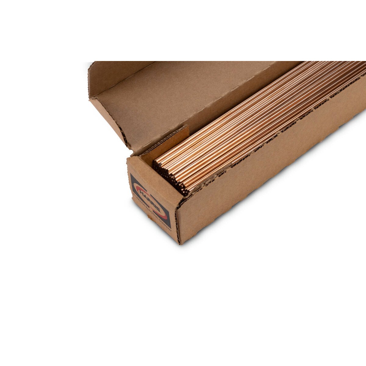 A partially opened box of Harris Stay-Silv 2 Phos Copper Brazing Alloy 3/32 in (2.4 mm) - 25 lb Box - 2536R, showing neatly stacked rods inside, sits on a white background—ideal for copper-to-brass brazing.