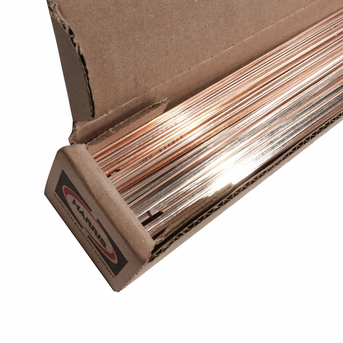 Open box of Harris 5636F Stay-Silv5 Phos-Copper Brazing Alloy rods, welding accessory for copper-to-copper joints, 25 lb.