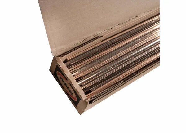 Harris 5620R Stay-Silv 5 Phos-Copper Brazing Alloy, 1/8" rods, 25 lb, welding accessory box opened to show shiny metal rods.