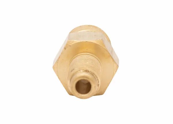 Harris Tip-to-Tip Tube Adaptor 9004218, brass hex fitting for welding equipment, 3/8"-24 UNF x 1/4"-27 UNS, on white background.