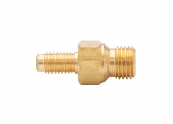 Harris Tip-to-Tip Tube Adaptor 9004218 for welding, 3/8"-24 UNF & 1/4"-27 UNS threads, hex center, shown on white.