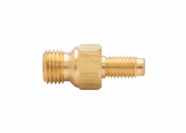 Harris Tip-to-Tip Tube Adaptor 9004218, brass, 3/8"-24 UNF & 1/4"-27 UNS male threads, welding equipment accessory on white.