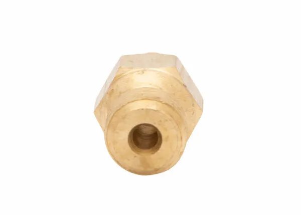 Harris 9004218 Tip-to-Tip Tube Adaptor, brass hex body, 3/8”-24 UNF & 1/4”-27 UNS threads for welding tools; front view.