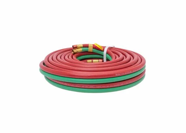 Harris Twin All Fuel Gas Welding Hose, Grade T, 50ft, 3/8" brass fittings, red & green, coiled–WeldingMart welding accessory.