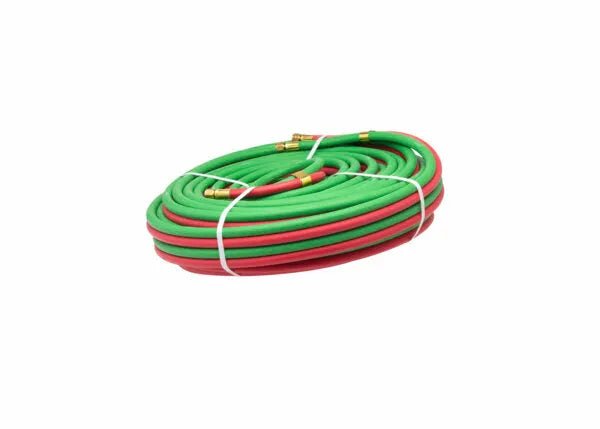 Harris Twin All Fuel Gas Welding Hose, Grade T B&B, 3/8" x 100', green/red lines, brass fittings—WeldingMart accessory.