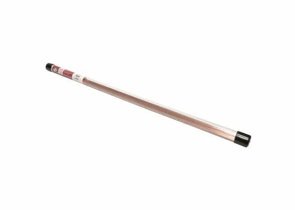A Harris W1060 & W1200 Mild Steel RG-45 TIG welding rod, 1/16 x 36, copper-coated, with a pointed tip and black cap, lies diagonally on white. A label with text and red accents is wrapped near the capped end. Qty: 20.