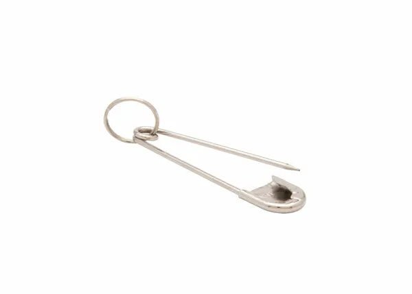 A Harris Welders Pin - 3010060, made of stainless steel, lies open on a white background. The pin has a pointed tip and a circular loop at the other end, revealing the clasp’s mechanism. It is centered horizontally.