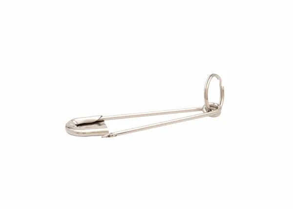 A Harris Welders Pin - 3010060 is shown lying horizontally on a plain white background. The stainless steel pin is closed for safety, with its pointed tip secured in the clasp and its circular loop clearly visible.