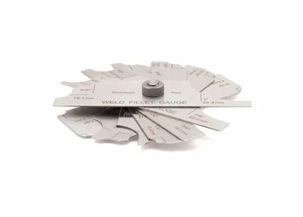 The Harris Welding Fillet Gauge - 4301278 features multiple pivoting stainless steel blades with labeled measurements, fanning around a central screw. It’s the essential tool for precise fillet weld seam checks.
