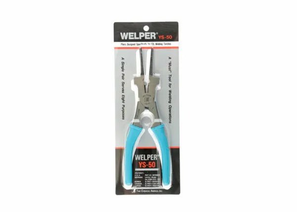 A Harris Welper YS-50 MIG Welding Pliers - WELPER is displayed in its original black and red packaging with blue and gray handles. Made from drop forged steel, this versatile tool is secured in a clear plastic case against a white background.