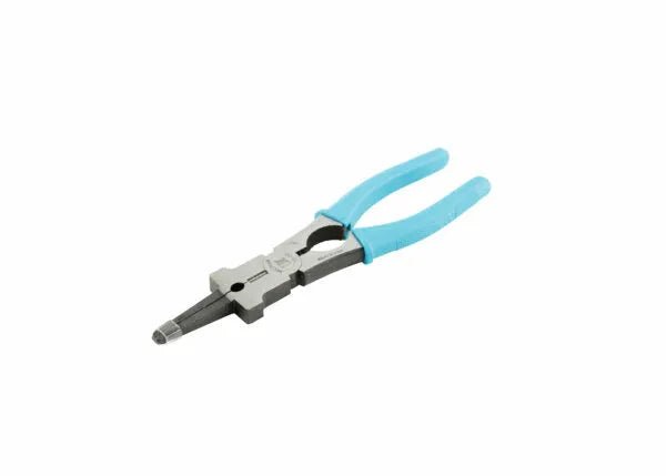 The Harris Welper YS-50 MIG Welding Pliers - WELPER, made from drop forged steel with blue rubber-coated handles, features a pointed flat-edged tip for gripping small objects and curved handles for comfort. Shown on a white background.