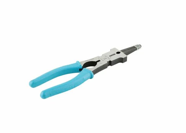 A pair of Harris Welper YS-50 MIG Welding Pliers - WELPER with textured blue handles and drop-forged steel construction lies on a white background. The long, tapered nose is ideal for gripping or bending small objects. Jaws and joint are metallic.
