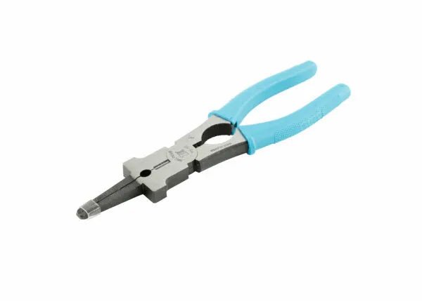A pair of Harris Welper YS-50 MIG Welding Pliers - WELPER with flat, tapered jaws, drop forged steel build, and light blue textured plastic handles rest slightly open on a white background, angled to the left.