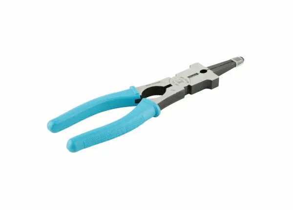 The Harris Welper YS-50 MIG Welding Pliers - WELPER features blue, textured ergonomic handles and a multi-functional drop-forged steel jaw, displayed diagonally on a white background with handles facing forward.