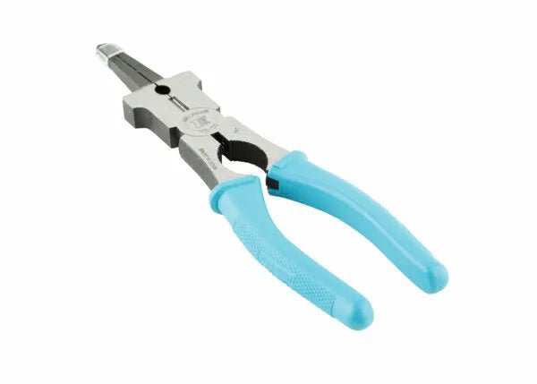 The Harris Welper YS-50 MIG Welding Pliers – WELPER feature drop forged steel construction and light blue textured rubber handles. The jaws have a gripping surface, cutting edge, and rounded section for round objects. Shown on a white background.